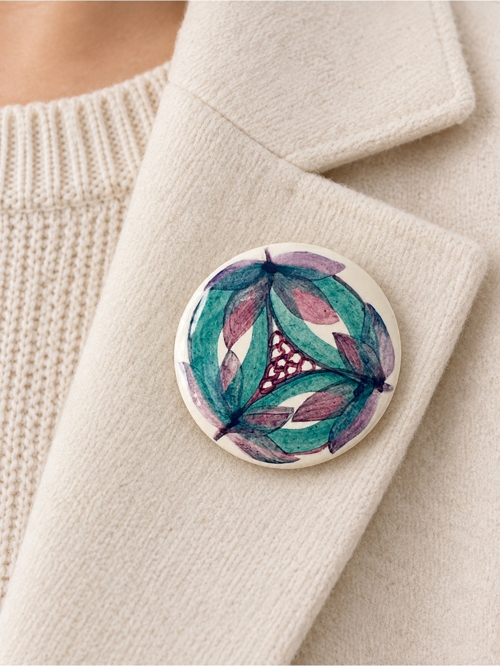 Hand Painted Style Ceramic Floral Brooch Pin Teal Purple 1.5”